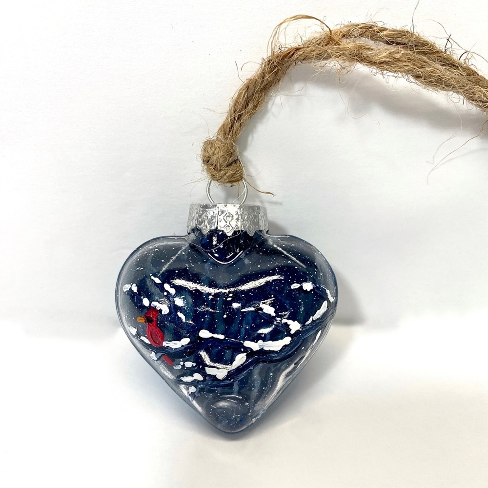 ORIGINAL Hand Painted Acrylic Cardinal Scene on Puffed Glass Heart Ornament Art